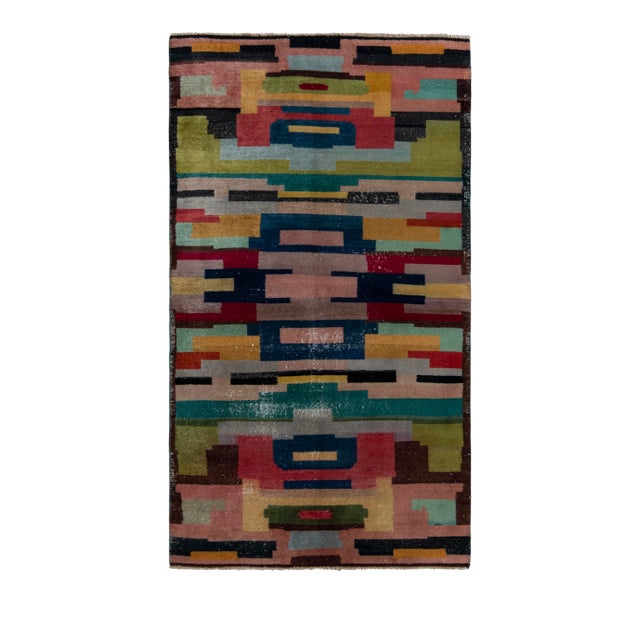 1940s Hand-Knotted Vintage Art Deco Rug in Multicolor Geometric Pattern For Sale