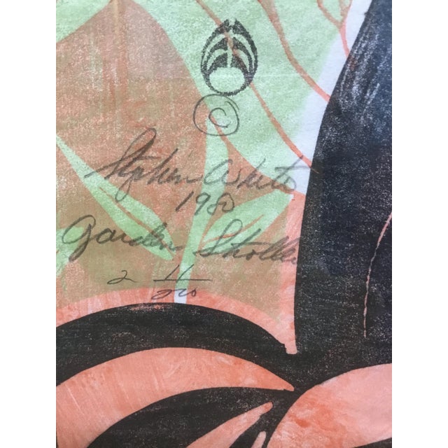 “Garden Strollers” Woodblock on Mulberry Paper by Stiphen White ( NC, 1944) For Sale - Image 4 of 9