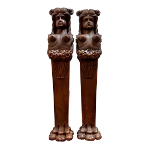 Antique Female Nude Wood Figural Architectural Fragments- a Pair