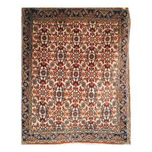 Vintage Persian Qum Area Rug, Handwoven Wool, Allover Geometric Design, Ivory & Navy, 2' X 3'