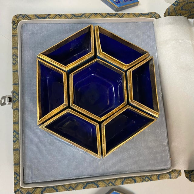 Peking Seven Hexagonal Cloisonné Enameled Trinket Boxes in Original Fabric Box For Sale - Image 4 of 12