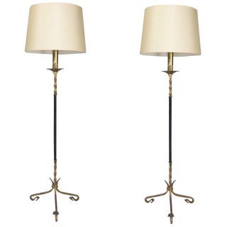 Pair of Spanish Gilt Wrought Iron and Leather Stem Floor Lamps For Sale