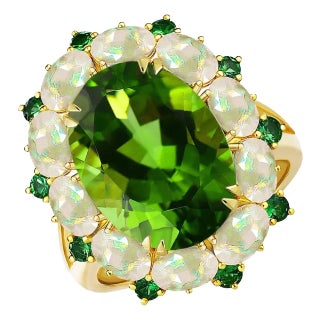 Kai Natural Peridot Opal Tsavorite Cocktail Ring in 14k Yellow Gold, size 8.5 For Sale