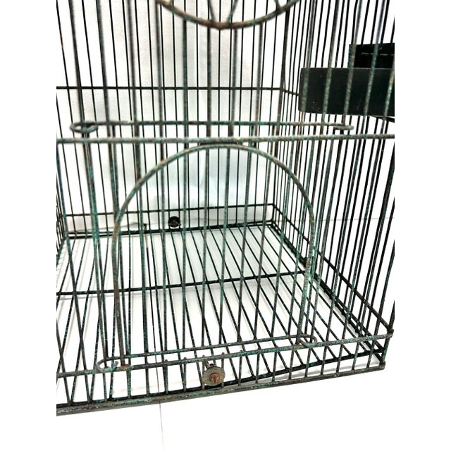 Vintage Architectural Metal Birdcage With Green Patina Roof For Sale - Image 10 of 11