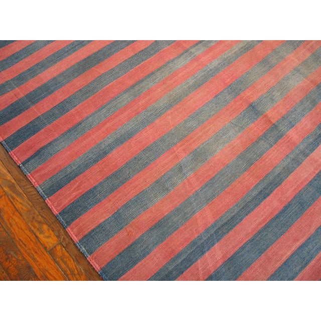 Handmade Raspebery Pink and Blue Stripe Pattern Dhurrie Style Antique Indian Cotton Rug For Sale - Image 4 of 5