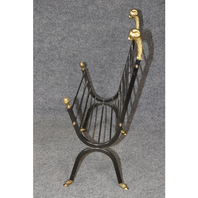 Metal Maison Jansen Attributed Brass & Metal Rams Head & Hoofed Magazine Rack For Sale - Image 7 of 10