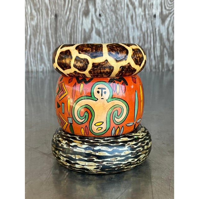 Mid-Century Modern Vintage Wooden African Inspired Bangles - Set of 3 For Sale - Image 3 of 12