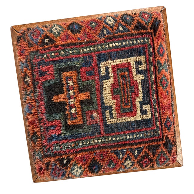 Brown Antique 1920s Handmade Oak Wood Spanish Colonial Revival Arts & Crafts Footstool W/ Hand-Knotted Rug Seat For Sale - Image 8 of 17