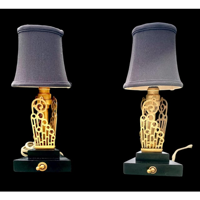 1930s American Art Deco Brass Wood Boudoir Lamps Silk Shades - a Pair For Sale - Image 12 of 16
