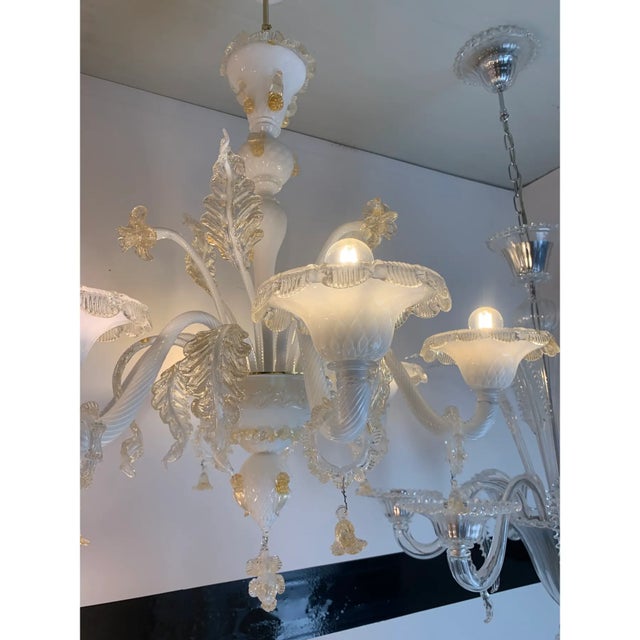 Metal Murano Glass Chandelier in Milky and Gold With Flowers and Leaves For Sale - Image 7 of 13