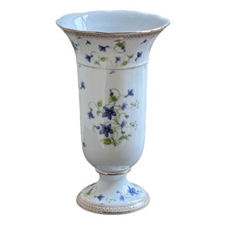 Vintage Porcelain Trumpet Vase W/ Blue Bellflower Motif For Sale