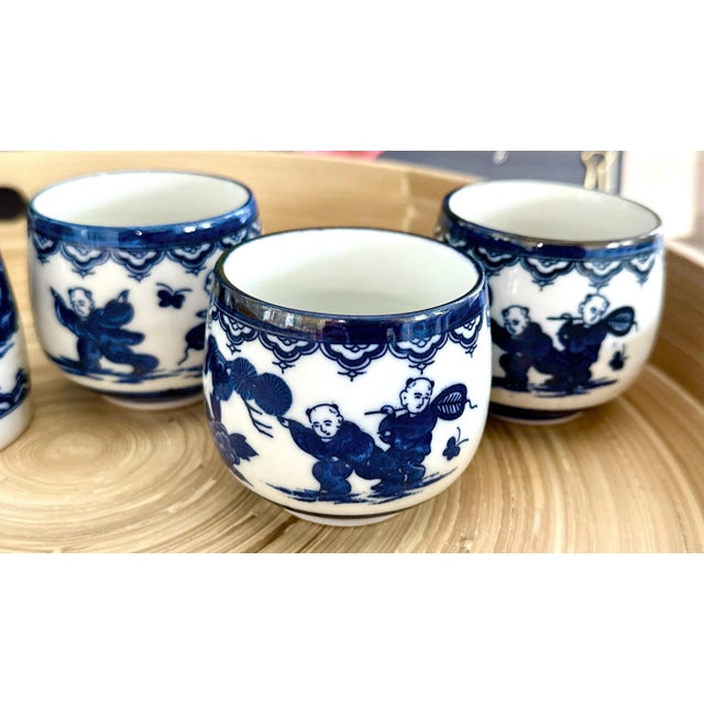 Japanese 1960s Sake Set - "Boys Chasing Butterflies" For Sale - Image 3 of 8
