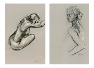 "Quick Sketch X2 " Contemporary Figurative Charcoal Reversible Drawing by Kathleen Ney
