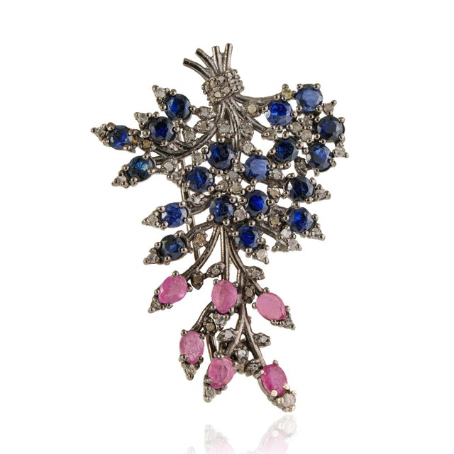Victorian Late Victorian Style 5 Ct Blue Sapphire, Ruby & Diamond Jeweled Spray Brooch Pendant For Sale - Image 3 of 14