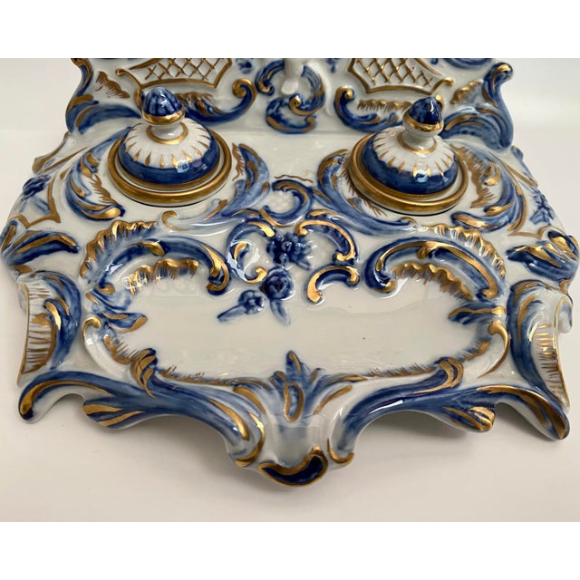 Porcelain Inkwell with Embossed Gold Accents Hand-Painted Desk Decor, France, 1890s For Sale - Image 5 of 8