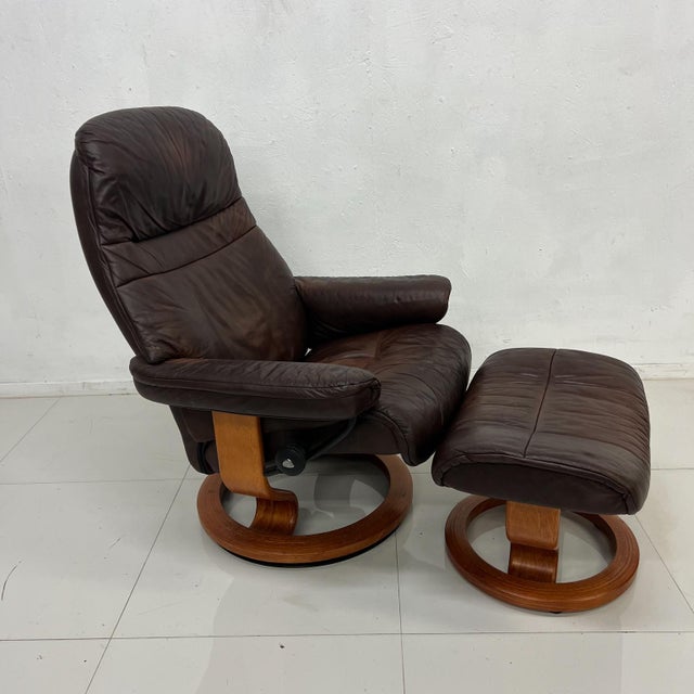1990s Ekornes Stressless Brown Leather Recliner & Ottoman Norway Chairish