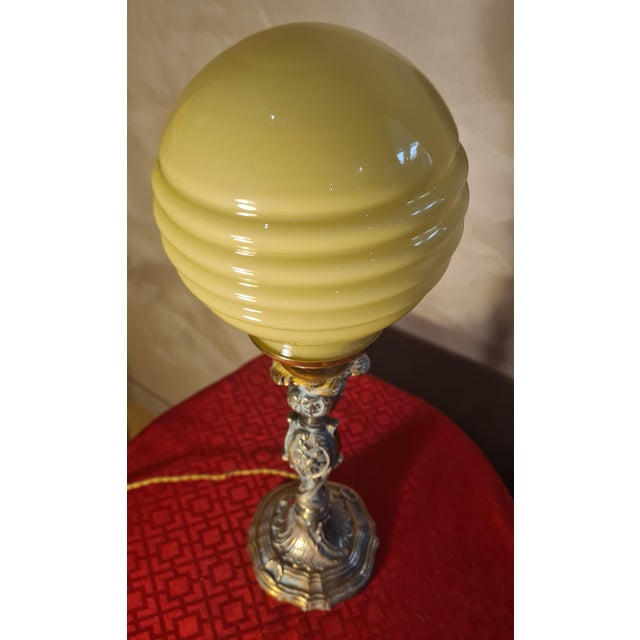 Rococo Bronze Lamp with Yellow-Green Opaline Glass Shade, 1900 For Sale - Image 4 of 7