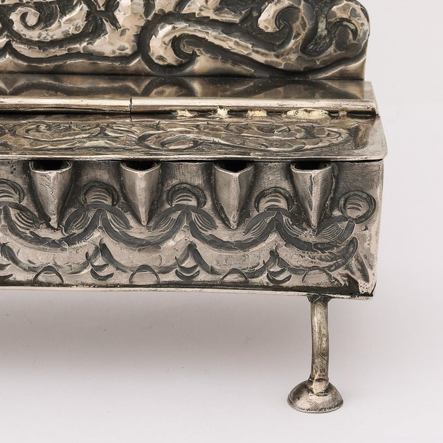 Baroque 19th Century Hand-Worked Repoussé Sterling Oil Lamp Footed Menorah For Sale - Image 4 of 18