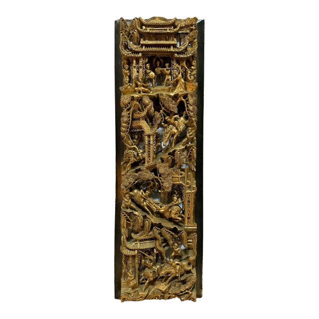First Half of the 20th Century Carved Gilt Chinese Panel With Battle Motif For Sale
