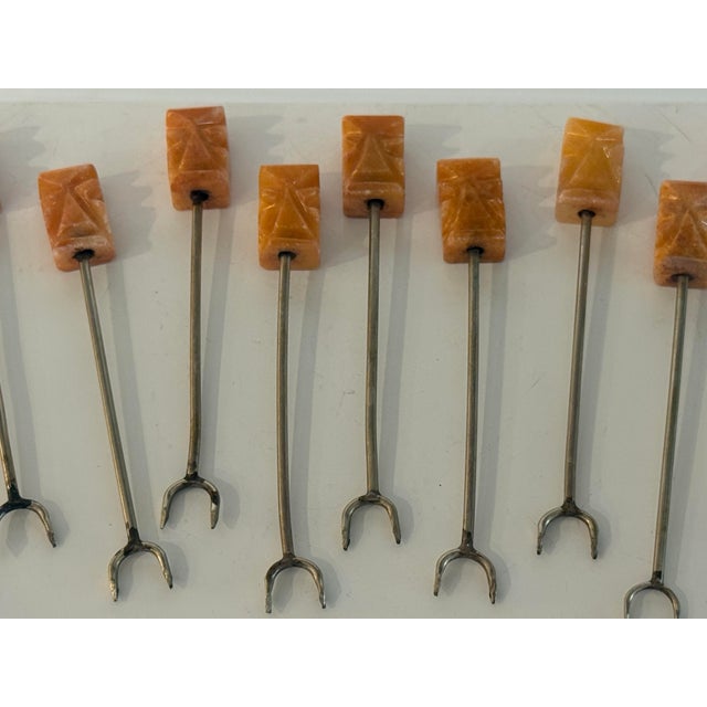 Chocolate Mid 20th Century Set of 12 Mexican Honey Onyx Cocktail Forks in Amber Tones, Mid-Century Modern For Sale - Image 8 of 12