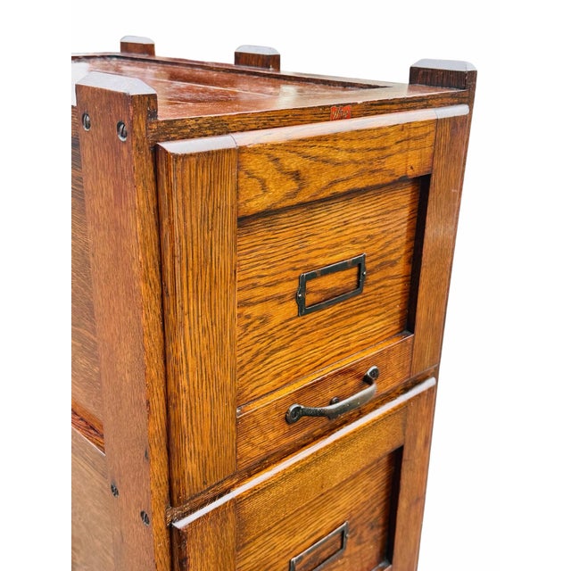 Antique Arts & Crafts Oak Four Drawer External Frame Office File Cabinet For Sale - Image 4 of 10