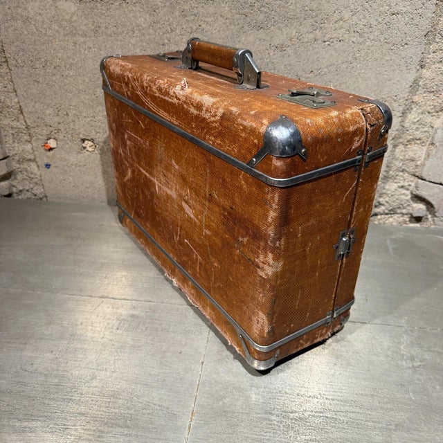 Brown Weathered Brown Vintage Suitcase With Metallic Latches Industrial For Sale - Image 8 of 16