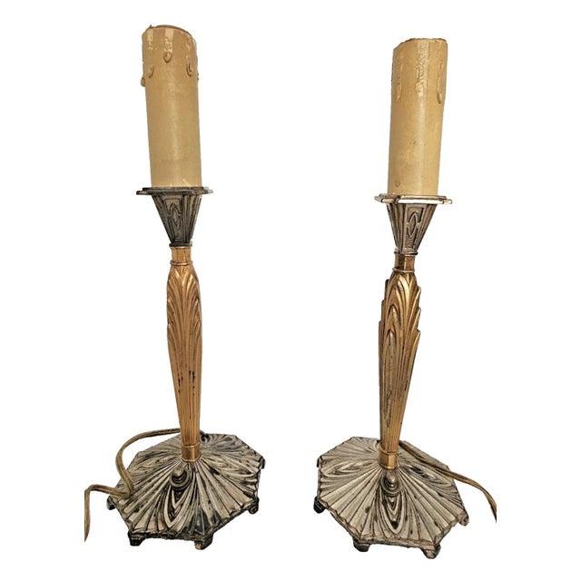 Pair of 1920s Art Deco Bronze Candle Lamps Skyscraper Base, Nickel & Gold Plated For Sale - Image 4 of 18