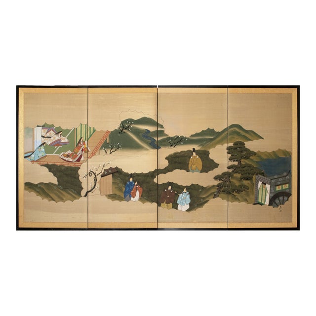 C. 1960s "The Tale of Genji", Showa Era Japanese Painted Silk Byobu Screen For Sale