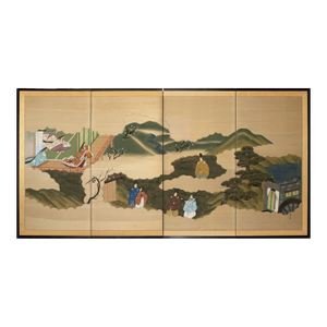 C. 1960s "The Tale of Genji", Showa Era Japanese Painted Silk Byobu Screen