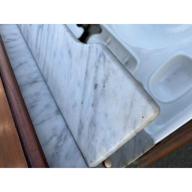 Antique French Washstand in Pitch Pine and White Marble with Zinc Water Tank, 1900s For Sale - Image 10 of 17