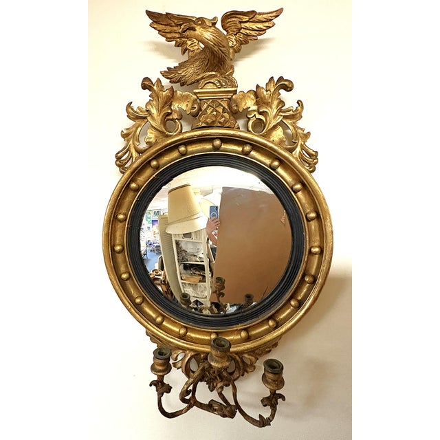 Gold 19th Century Federal Convex Bullseye Mirror With Eagle Pediment and Three Candle Holders For Sale - Image 8 of 18