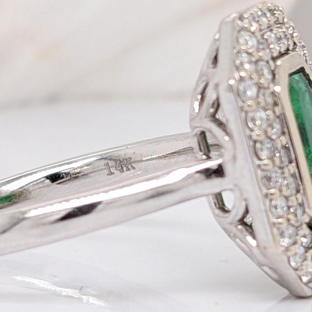 Emerald Cut Zambian Emerald Diamond Double Halo Ring: Solid 14k Gold, 7x4mm, Size 6.75 For Sale - Image 9 of 9
