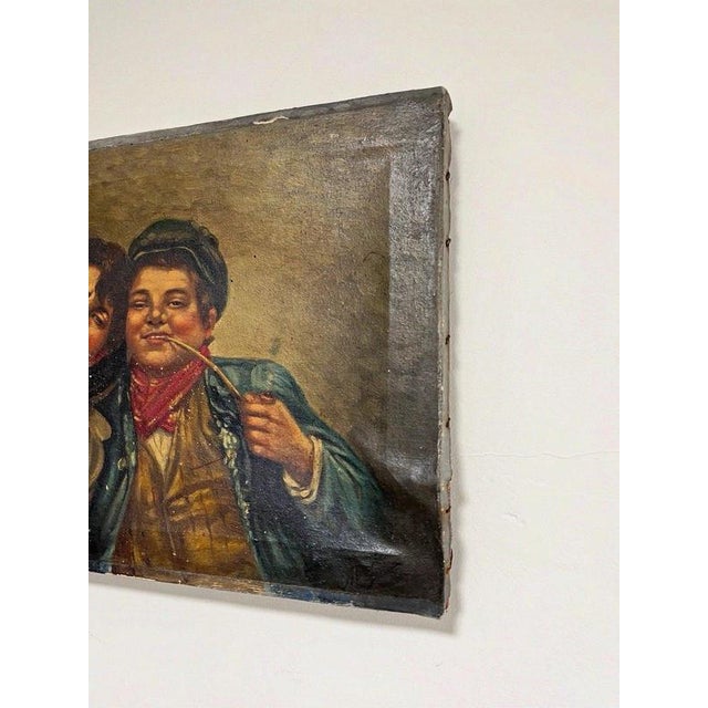 Italian School, Naïve Italian of Two Pipe-Smoking Boys, 20th Century, Oil on Canvas For Sale - Image 4 of 8