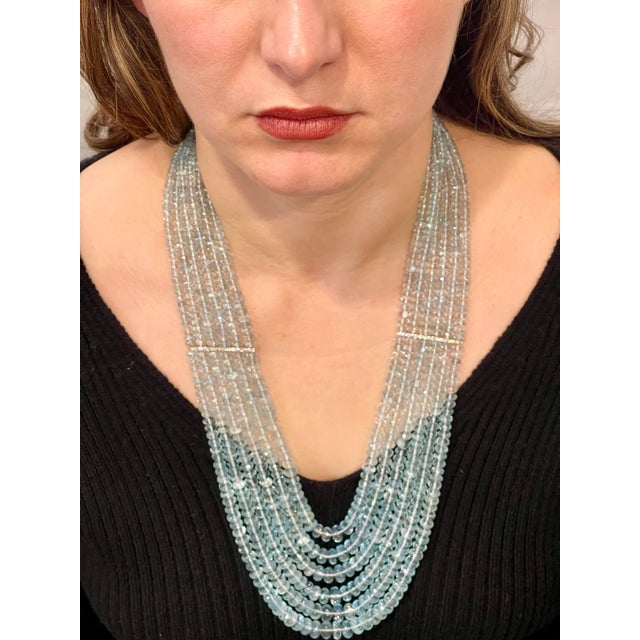 1100 Ct 6 Layer Natural Aquamarine Bead Necklace 14 Kt Gold and Diamond Necklace For Sale - Image 4 of 18