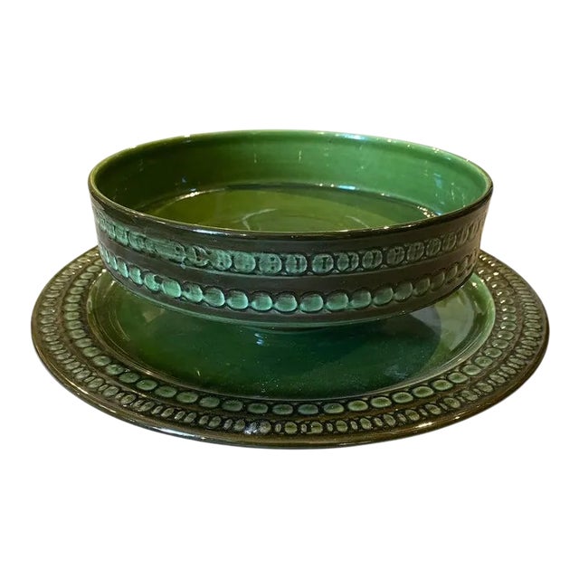 1970s Mid-Century Modern Ceramic Bowl on a Plate by Ernestine Salerno For Sale