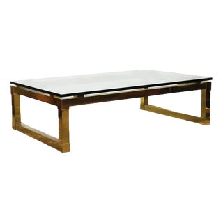 Brass Metal Rectangular Coffee Table with Glass Top attributed to David Hicks, 1970s For Sale