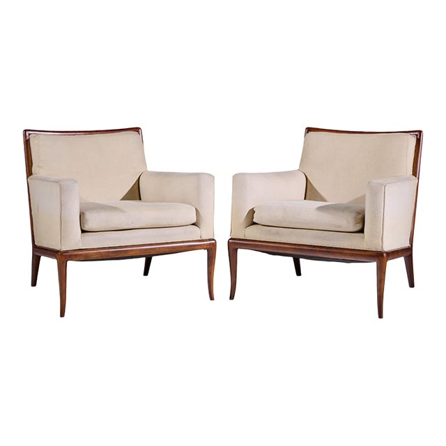 Robsjohn Gibbings for Widdicomb Mid Century Walnut Saber Leg Lounge Chairs – Pair For Sale