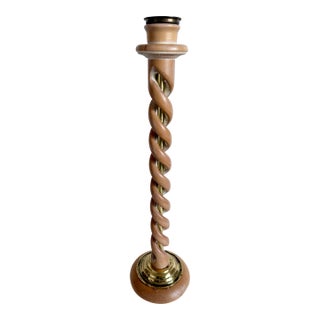 Vintage Barley Twist White Oak Wood/Brass Candle Holder Made in Spain 20” Tall For Sale