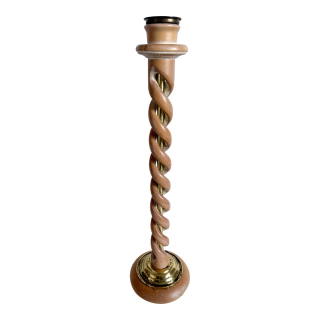Vintage Barley Twist White Oak Wood/Brass Candle Holder Made in Spain 20” Tall For Sale