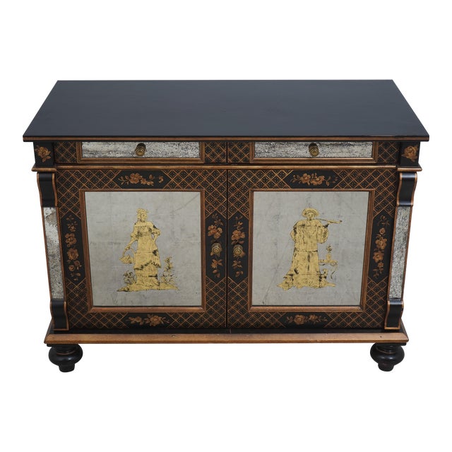 Vintage Chinoiserie Decorator Eglomise 2 Door Cabinet For Sale