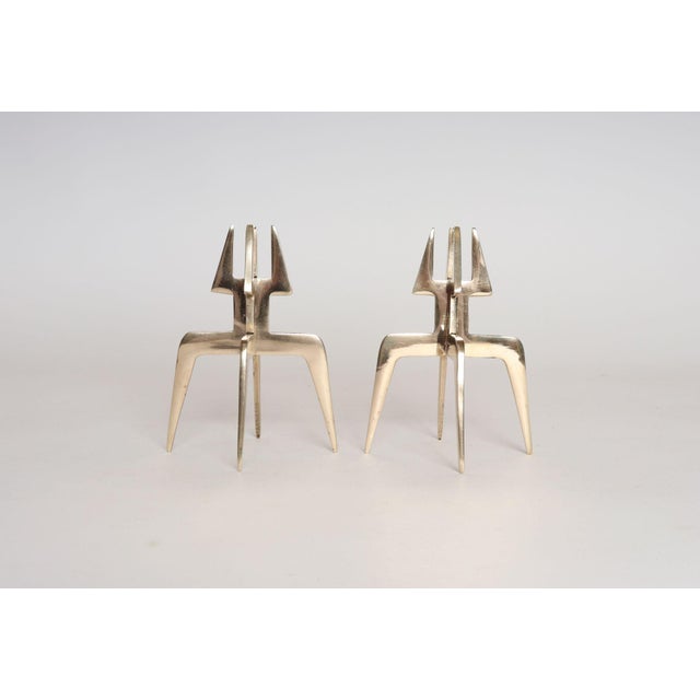 Mid-Century Modern Pair of Sculptural Vintage Brutalist Candle Holders in Polished Brass For Sale - Image 3 of 13