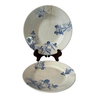 Pair of Antique Petrus Regout & Co. Maastricht Blue White Transferware Plate & Bowl in Distel” (Thistle) Pattern For Sale