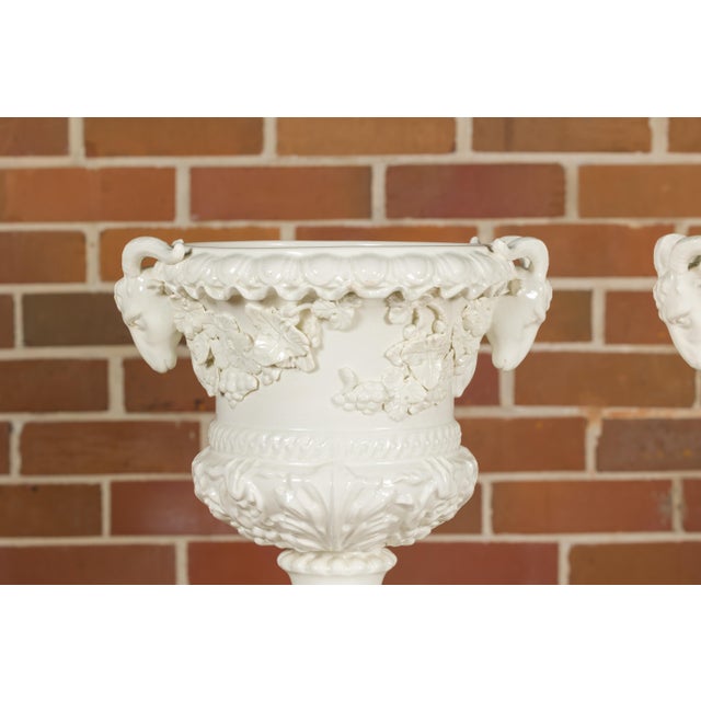 Pair of Blanc de Chine Midcentury Urns with Rams Heads and Ivy Leaves For Sale - Image 11 of 12