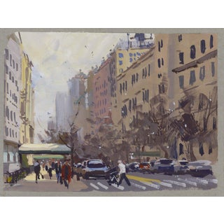 Upper East Side Sunshine by Judd Mercer | Gouache City street scene with pedestrians and buildings. For Sale