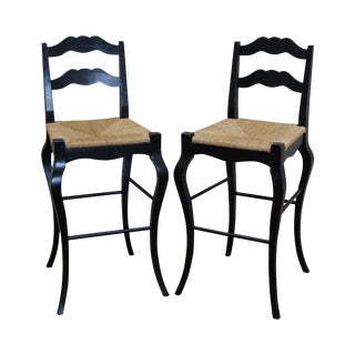 French Country Black Painted Rush Seat Bar Stools - A Pair For Sale
