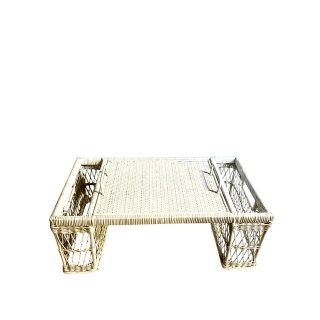 Perfect for breakfast in bed! Vintage white wicker bed tray with removable tray. Two side pockets for books and magazines....