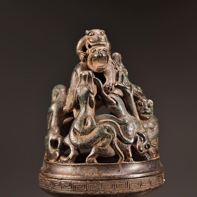 Bronze Vintage Solid Copper Censer, High Relief Painted Mythical Beast Base & Pierced Dragon Lid, Chinoiserie Incense Burner For Sale - Image 8 of 10