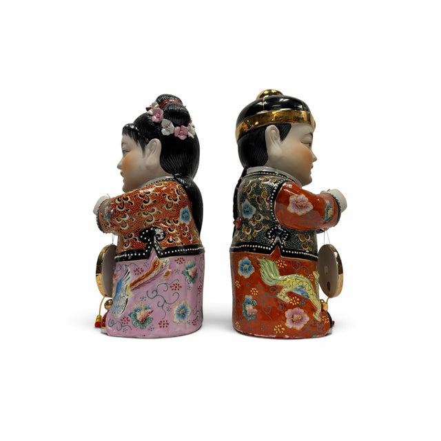 Ceramic Large 16" Vintage Chinese Porcelain Good Fortune Figurines - Jintong & Yunu Pair For Sale - Image 7 of 8
