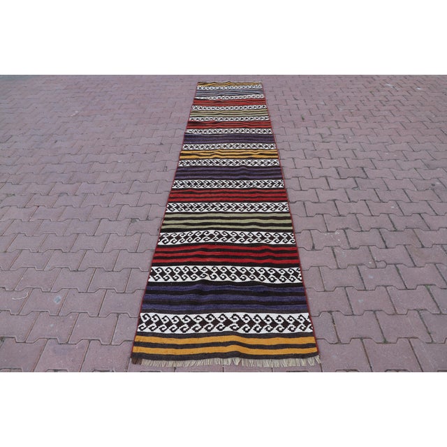 1970s Turkish Tribal Style Stripe Design Handmade Oushak Kilim Runner Rug For Sale - Image 10 of 10