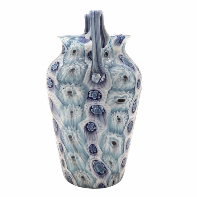 Fratelli Toso Fratelli Toso Murano Italy Art Glass Millefiori Murrine Handled Vase Blue 6" For Sale - Image 4 of 8